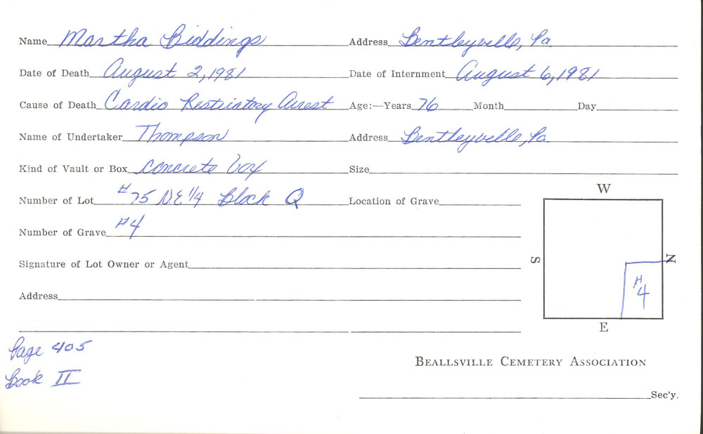 Martha Biddings burial card